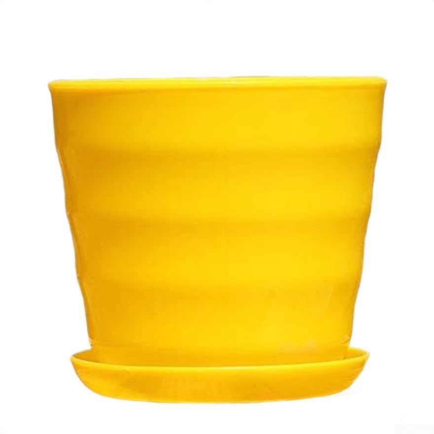Zeroupshop Imitation Flower Pot with Drainage Hole and Tray Recyclable Plastic Planters, Realistic Texture for Plants, Multicoloured Design for Succulents or Greenery(Yellow)