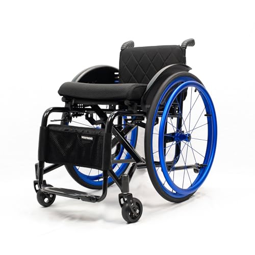 Foldable Lightweight Sports Wheelchair Adult Aluminum Adjustable Footrest and Seat Height, Handbrakes Quick Release Rear Wheels(Blue,Seat Width 40cm/15.74in)
