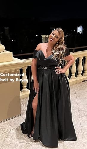 SoDigne Off Shoulder Long Slit Prom Dresses for Women A-Line Backless Satin Formal Evening Party Gown with Pockets3