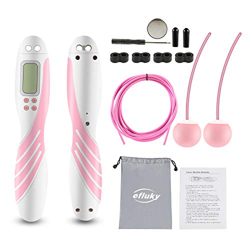 efluky Calorie Counting Jump Rope, Digital Weighted Handle Workout Jumping Rope with Calorie Counter for Training Fitness, Adjustable Exercise Speed Skipping Rope for Men, Women, Kids, Girls-Pink