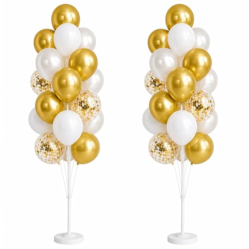 Image of Hiins Balloon Column Kit Set of 2 With Metallic Gold Confetti&White Balloons - with Base,Pole,Balloon Tower Decoration for Graduation Wedding,Baby Shower,Birthday Party,Bachelorette Party