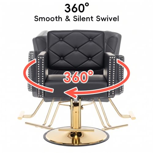 Image of Barber Chair with Rivets, Black Salon Chair for Hair Stylist, 360 Degree Swivel, Heavy Duty Hydraulic Pump, Professional Styling Chair for Salon and Spa, Gold