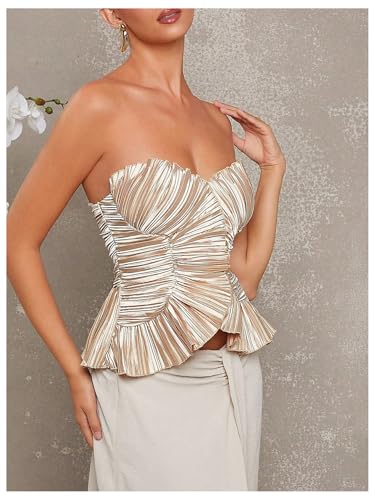 WDIRARA Women's Pleated Strapless Satin Tube Top Party Cocktail Sleeveless Bandeau Tops4