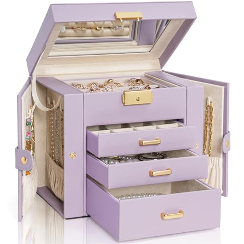 AKOZLIN 4-Tier Jewelry Box Leather Jewelry Storage Organizer with 3 Drawers Lockable for Women Girls Ring Necklace Earring Bracelet Holder with Mirror Purple