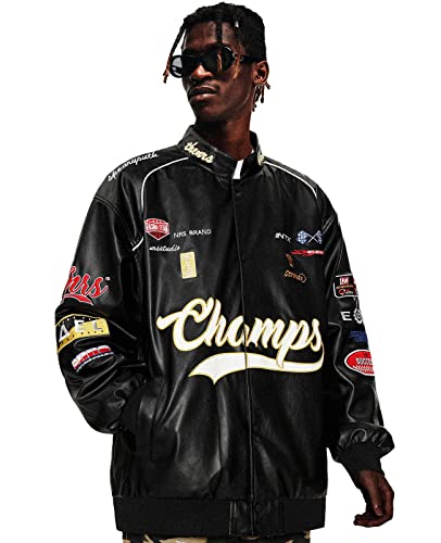 Image of Aelfric Eden Letter-Embroidered Racing Jacket Mens Cool PU Jackets Button Closure Coats