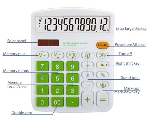 Meichoon Taschenrechner Solarbatterie Dual Power 12-stellige Anzeige schwarz