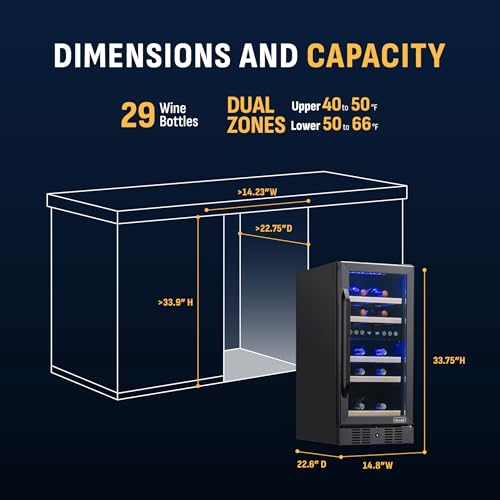 NewAir 15" Dual Zone Wine Fridge for 29 Bottles | Built-In or Freestanding Wine Cooler Refrigerator with Glass Door | Precision Cooling & Wood Shelves for Red and White Wines | Black Stainless Steel