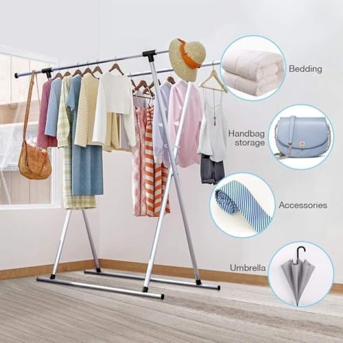 Adjustable Clothes Drying Rack, Stainless Steel Double Rail Laundry Airer, Folding Hanger for Indoor & Outdoor Use, 1.6m