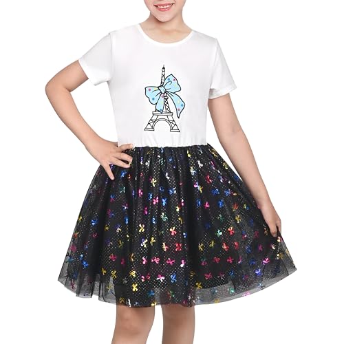 Robe fille 4 ans tulle haut de gamme imprimé Paris Tour Eiffel et dégradé arc-en-ciel