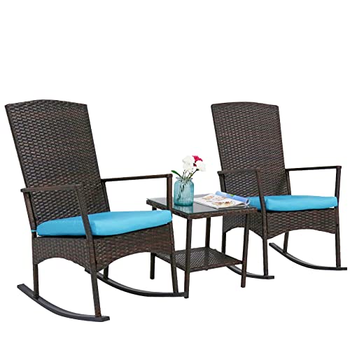 Kinbor 3 Piece Brown Pe Rattan Rocking Chairs Outdoor Bistro Set With Glass Coffee Table Wicker Rocker Outdoor Furniture With Blue Cushions For Front Porch, Garden, Lawn, Deck, Pool #TOP6