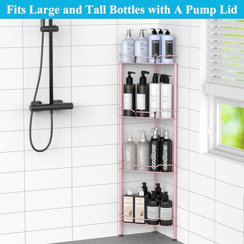 Image of HuggieGems Metal Floor Standing Corner Shower Caddy, Pink, 4 Tier | Adhesive Bathroom Organizer Shelves, Free Standing Shower Rack with Hooks, Hold Large Shampoo Bottles