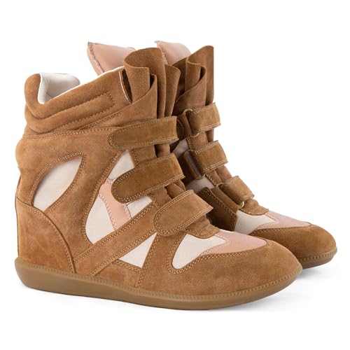Image of Wedge Sneakers for Women Suede Tennis Shoes Hidden Wedges Round Toe Strappy High Top Sneakers Comfy Casual Walking Shoes