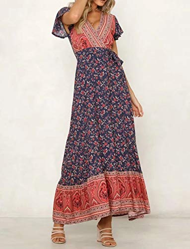 Image of R.Vivimos Women's Summer Short Sleeve Floral Print Bohemian Beach Waist Tie Wrap Long Flowy Dress with Slit