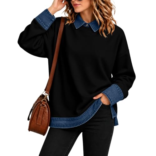 Womens Polo Shirts Denim Patchwork Button Collared Long Sleeve Tops - image 5