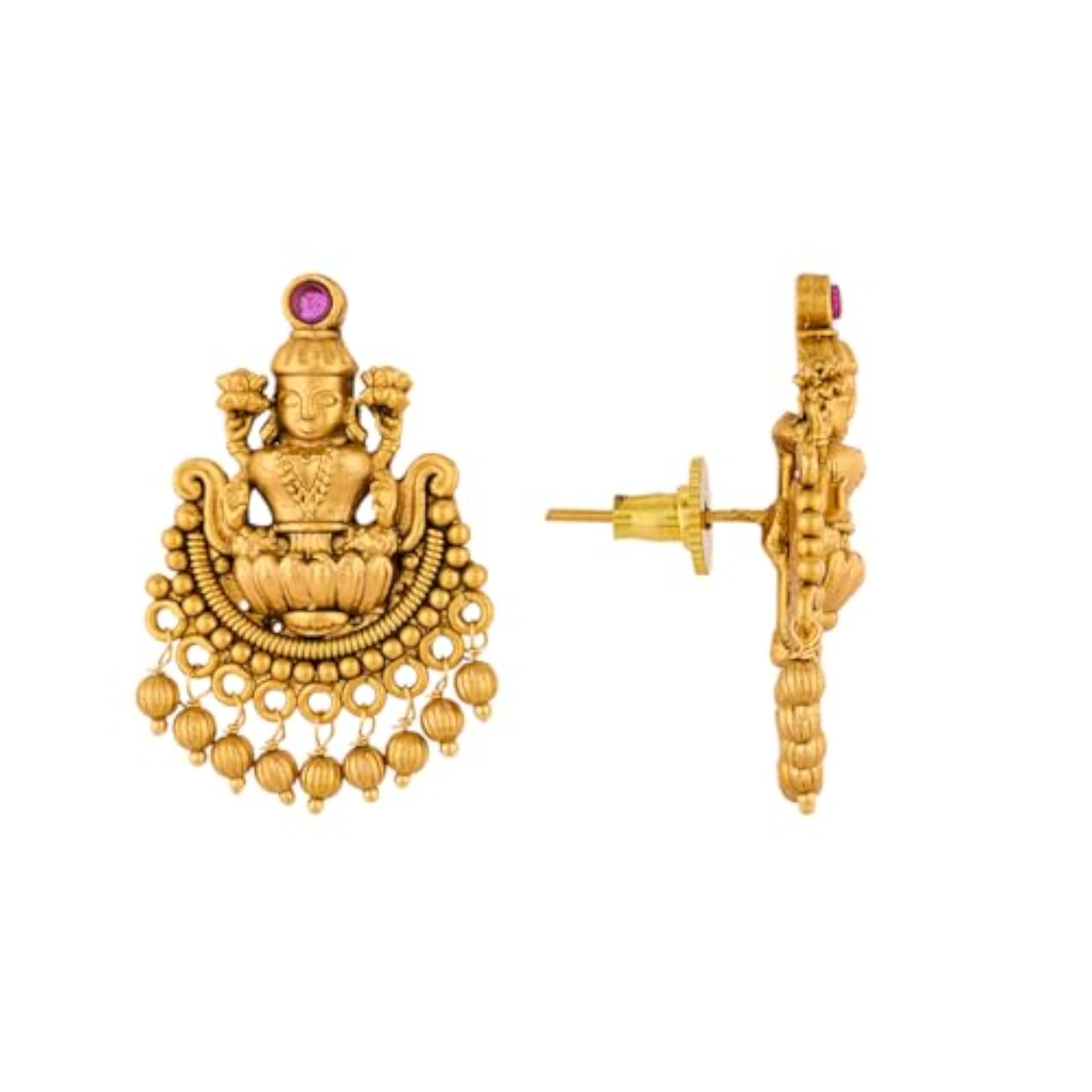 Women's Ruby-Green Gold Plated Antique Necklace Set with Stud Earrings