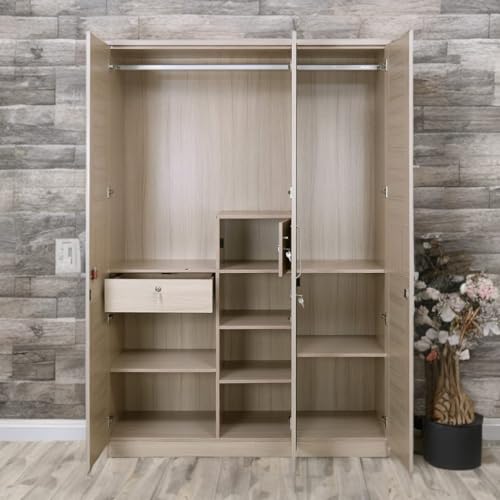 Image of 3 Door Wardrobe in Frosty White and Oak Finished for Clothes and Bedroom / 3 Door Wardrobe with Locker and Drawer