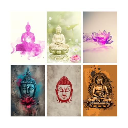 Image of SiddArtify Serene Buddha Art Print Set - Watercolor - Ink - Digital Paintings - Sticker - 12x18 Inch - Pack of 6 Wall Room Decoration art Poster Prints