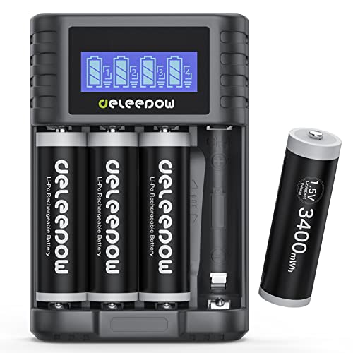 Deleeepow - Pilas recargables AA de litio, 3400 mWh 1,5 V con cargador USB LCD rápido de 2 horas, para el hogar, teléfonos inalámbricos, mandos a distancia, electrónica, paquete de 4