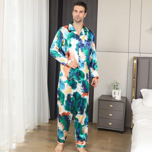 AISOMNUS-Mens Silky Satin Pj Sets black pattern Man Pajamas Set4