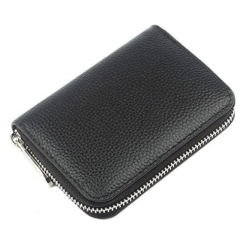 Womens Compact Luxury Genuine Leather Pocket Wallet Ladies Mini Purse with ID Car Key Case Coin Purse Zipper Wallets (Black)