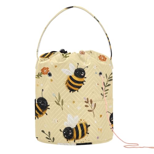 Image of Tatenale Crochet Bag Yarn Bag Knitting Project Bag with Pockets and Handle Portable Yarn Storage Organizer Tangle Free 8.3x11 InchLight Yellow Bees Flowers Dots24