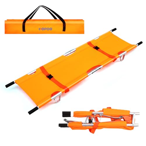 Folding Medical Emergency Stretcher, Aluminum Alloy Portable Ambulance Stretcher with Heavy Duty Handles, Straps, and Carrying Bag for Secure Patient Transport-Orange