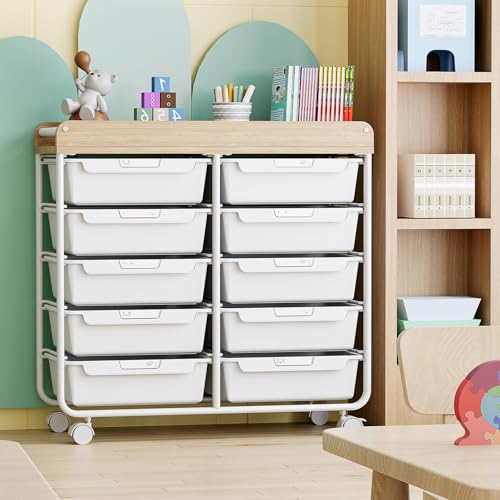 KINGRACK Rollcontainer mit 10 Schubladen, Rollwagen mit Schubladen für Bastelbedarf, Kunstmaterialien, Home Offices und Klassenzimmer (Weiß)