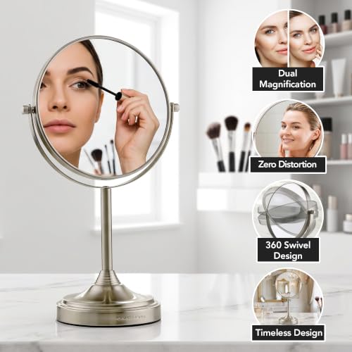 Image of OVENTE 7 inch Tabletop Magnifying Makeup Mirror, Nickel Brushed MNLCT70BR1X7X | Double Sided Vanity Standing Mount Mirror with 1X /7X Magnification, 360 Rotation, Perfect for Dresser Bedroom Office Desk