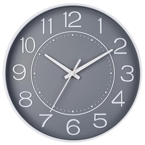 Image of HZDHCLH 10 Inch Modern Wall Clock Battery Operated Silent Non Ticking | for Wall, Living Room Bedroom Kitchen Office Nursery Decor (Grayish White)