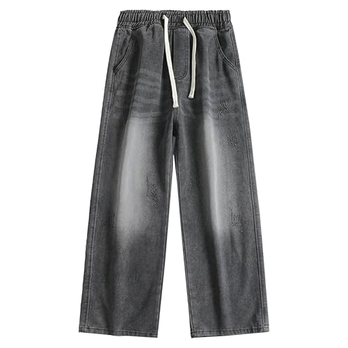 Wide Leg Jeans Men Elastic Waist Baggy Jeans Casual Drawstring Denim Pants Trousers