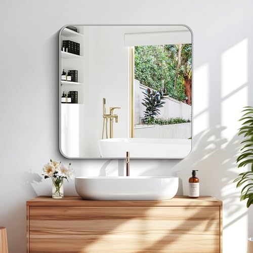 Image of DESBING 30 inch x 30 inchBathroom Mirror, Silver Wall Mirror with Metal Frame, Decorative Rectangular Vanity Mirror for Bedroom Bathroom Living Room Entryway (Horizontal /Vertical)