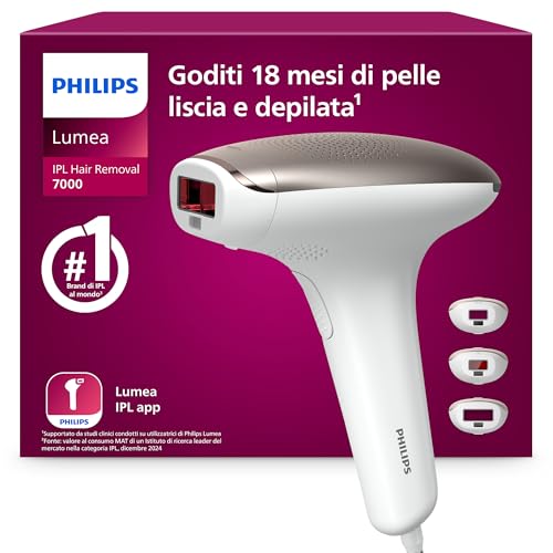 Philips Lumea 7000 Series,dispositivo di epilazione IPL, alternativa ai dispositivi di epilazione laser, 3 accessori per viso, corpo e zona bikini, modello SC1999/00