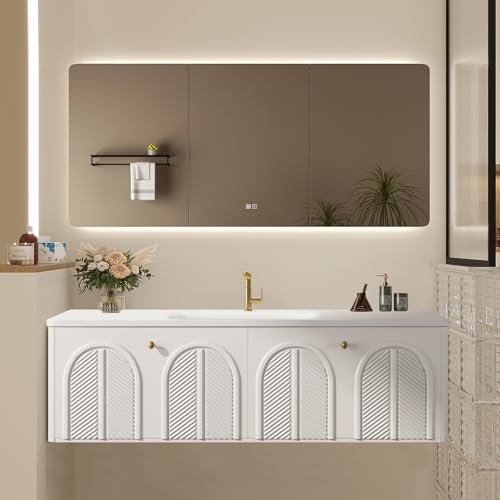 GruiGevi [Clearance] 40IN Solid Oak Bathroom Vanity with Single Sink & Smart Mirrored Cabinet, Floating Vanity with Sink, White Bathroom Sink Cabinet with Hand Carving. (40''Single Sink)