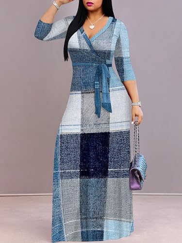 Image of Women's Plus Size Maxi Dresses Long Sleeves V Neck Floral Print Bohemian Swing Long Dress with Belt