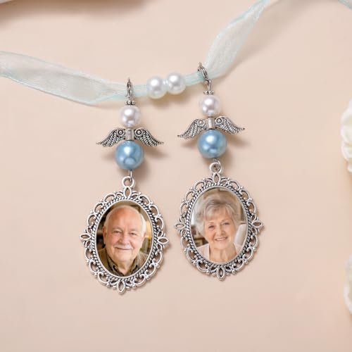 Image of MIXJOY Something Blue Gift for Bride, Wedding Day Bridal Blue Pearl Angel Wings Bouquet Garter Charm for Bride to Be