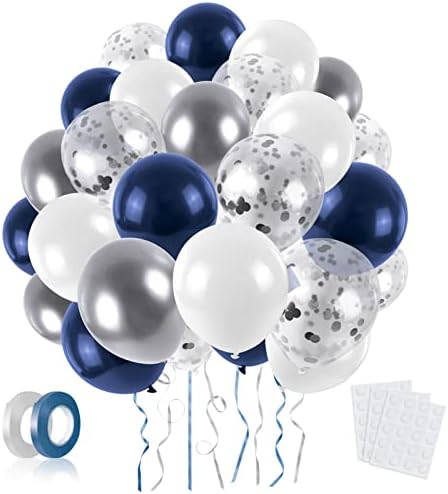 LAPONO Luftballons Blau Silber Weiß 60 Stück, Konfetti Luftballons aus Latex, Ballongirlande Deko Set mit Band und Klebepunkten für Geburtstag, Hochzeit, Silvester, Abschlussfeier,