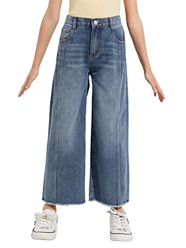 Wdirara Girl's High Waisted Button Raw Trim Jeans Wide Leg Denim Pants Medium Wash 150 #TOP27