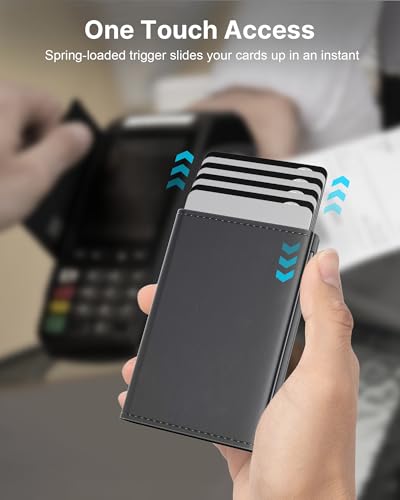 Image of typecase Mens Wallet Card Holder: Pop Up Aluminum Case, Premium Genuine Leather, Smart, RFID Blocking, Slim, Minimalist, Front Pocket - 9-14 Card Capacity | ID Window | Cash Slot - Deep Grey
