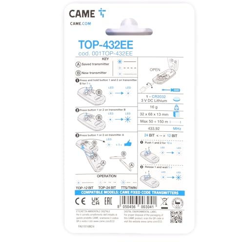 CAME TOP-432EE, Zwei-Kanal Funkhandsender, 433,92 MHz, Selbstlernfunktion, Festcode, (nur kompatibel mit CAME TOP-432EE, TOP-432EV… – Ansicht 6