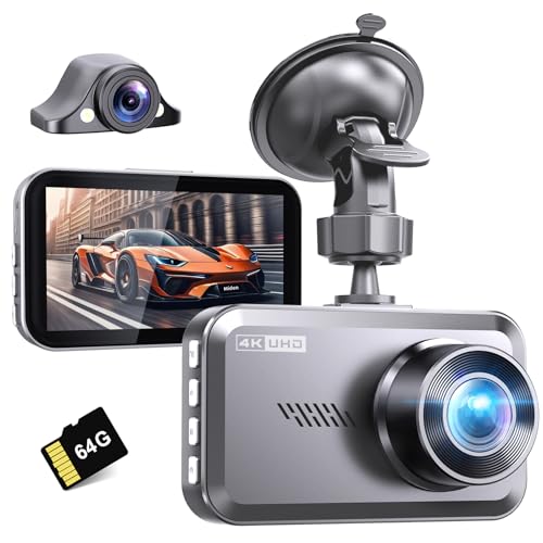 Miden S7 4K Dash Cam Front and Rear, 64G SD Card,2160P+1080P FHD Dual Dash Camera for...