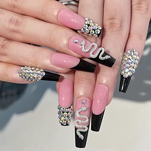PUSCOBSY Coffin Press on Nails Long Ballerina Fake Nails Snake Rhinestone False Nails Pink Black Acrylic Nails French Glossy Artificial Stick on Nails for Women and Girls 24PCS