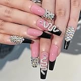 PUSCOBSY Coffin Press on Nails Long Ballerina Fake Nails Snake Rhinestone False Nails Pink Black Acr