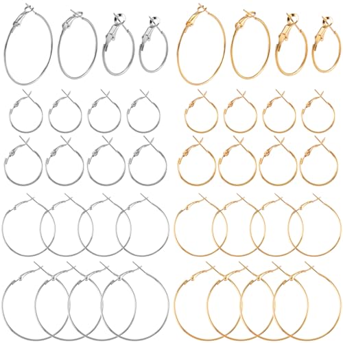 Joez Wonderful 32 Pcs Hoop Earrings Finding, Hypoallergenic Alloy Round Earring Hoops for Jewelry Making, Gold Silver Open Beading DIY Earrings Craft Art Accessories 20mm 25mm 30mm 40mm