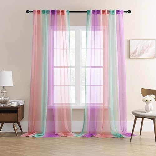 XiDi Ombre Sheer Curtain Panel Set,Pink Green and Purple Semi Transparent Voile Drapes Short Sheer Curtains for Girls Bedroom Decor,2 Packs 52inch Wide 63 Inch Length
