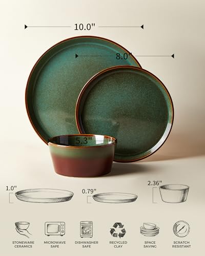 Image of Ceramic Plates and Bowls Sets for 8, 24pcs Dinnerware Sets, Dish Set | Reactive Glaze Stoneware Dishes Set, Microwave & Dishwasher Safe, Scratch Resistant, Easy Cleaning Dishware sets, Brown Green
