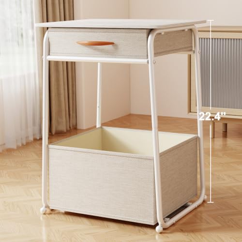 Image of Olldide White Side Table with Storage Basket, End Tables with Fabric Drawer
