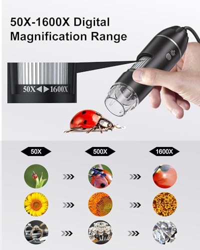 Image of Digital Microscope USB Type-C and Lightning, Handheld USB Inspection Camera 50x-1600x Magnification Portable Handheld Pocket Microscopes with 8 LED & Stand, Compatible with iPhone, Android
