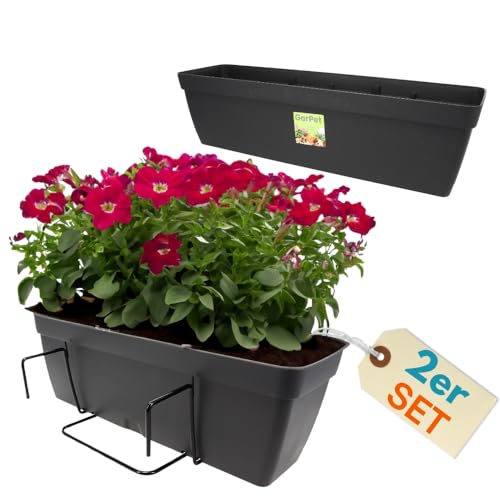 GarPet 2er Set Blumenkasten Balkongeländer Balkon Blumenkasten Balkonkasten mit Halterung Balkonkasten Geländerkästen mit Wasserspeicher 50 cm