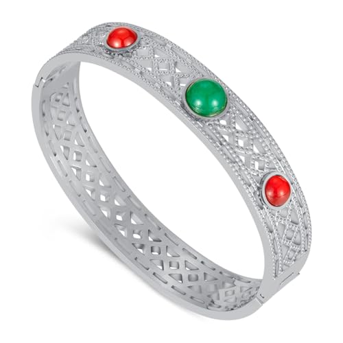 Image of Fashion Vintate Natural Turquoise Stone Bracelet Stainless Steel Hollow Out Cuff Bracelet