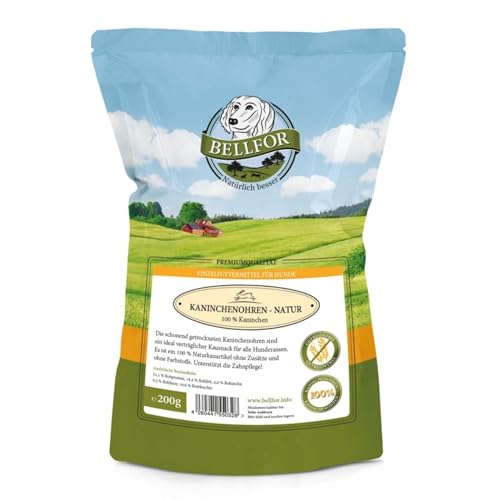 Bellfor - Kaninchenohren ohne Fell - 200 g. Kausnacks für Hunde zur Unterstützung gesunder Zähne bei Welpen und Senioren. Leicht verdaulich. Hundeleckerli für das Hundetraining.
